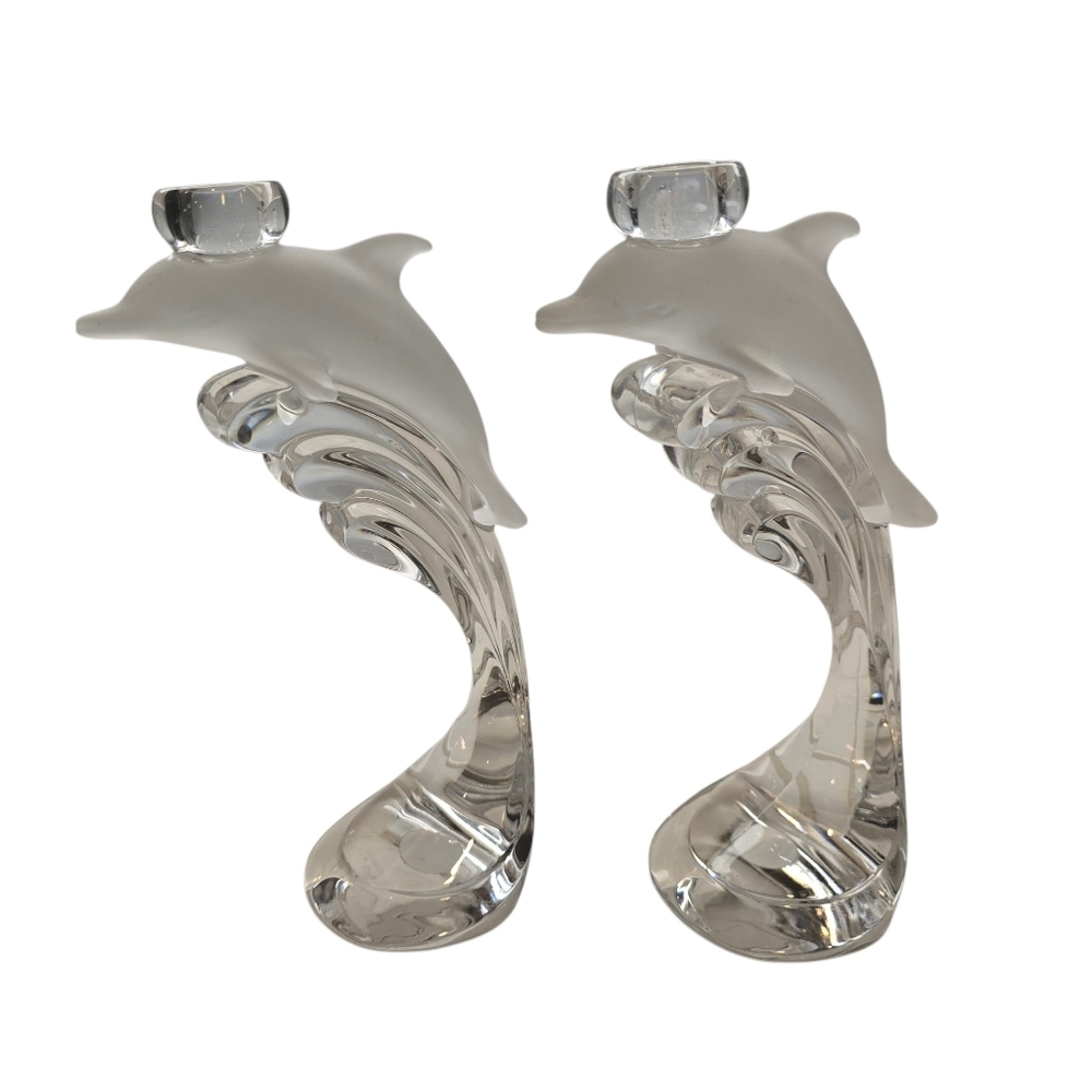 Lenox Crystal Dolphin Candle Holders Set Coastal Luxe Decor - Picture 2 of 12